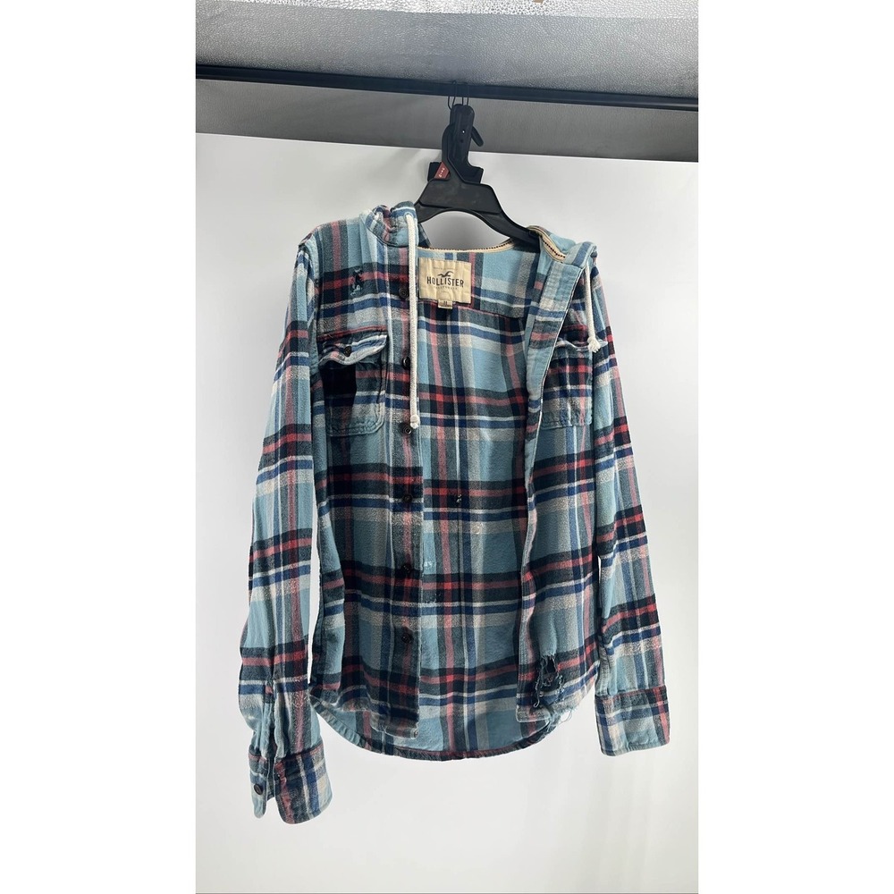 Hollister Men's M Blue‎ Red Plaid Hooded Flannel Shirt